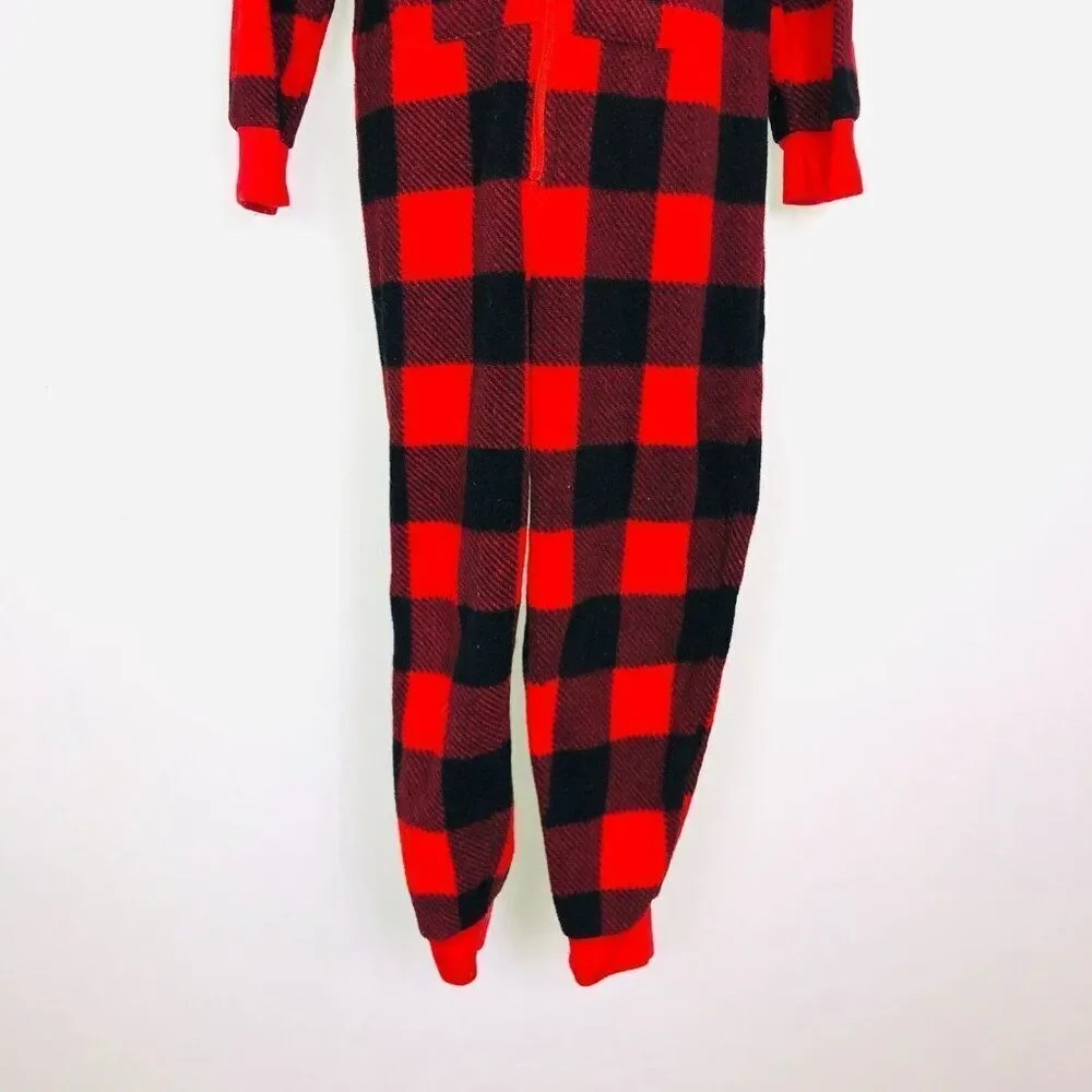 Gymboree Girls 5-6 Pajamas Red Buffalo Plaid Winter One Piece Open Foot Hooded